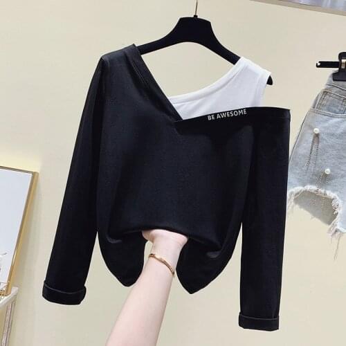 2021 Long Sleeve One Shoulder White Patchwork T Shirt Women Top Cotton Sexy Autumn Female T-shirt Women Tee Shirt Femme