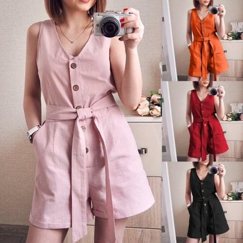 Women Fashion Button Belt V-neck Jumpsuit Sleeveless Romper Female Playsuit Bodysuit Overalls