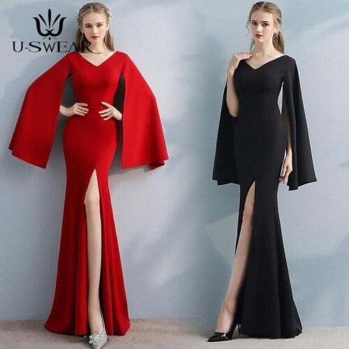 New Mermaid Evening Dresses V-Neck Slim Split Evening Party Gown Bat Long Sleeve Robe De Soiree Formal Prom Gown Abendkleider