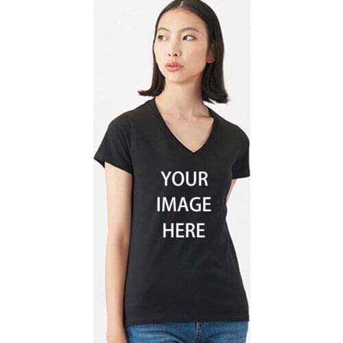 100% Cotton Fashion V Neck Logo Custom Embroidered Tshirt Women Blank Plain T-shirt Printing