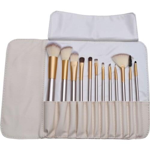 Wooden handle soft synthetic hair aluminum collar 12pcs makeup brush set with white PU bag professional