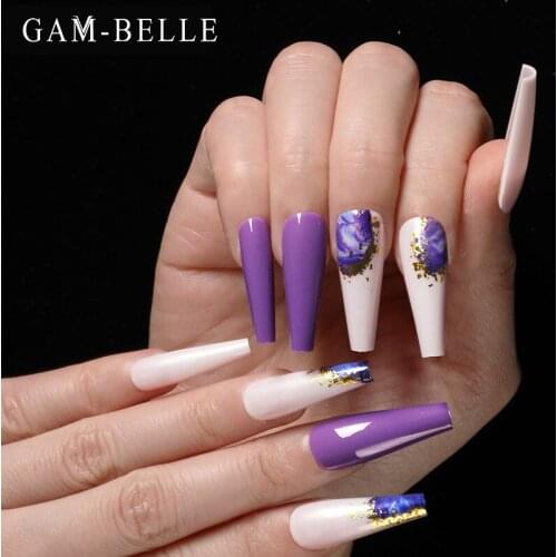 GAM-BELLE 24Pcs Purple Blooming Fake Nails Art Decoration Long Coffin Full Cover Artificial Nail Tips DIY Manicure Nail Tools