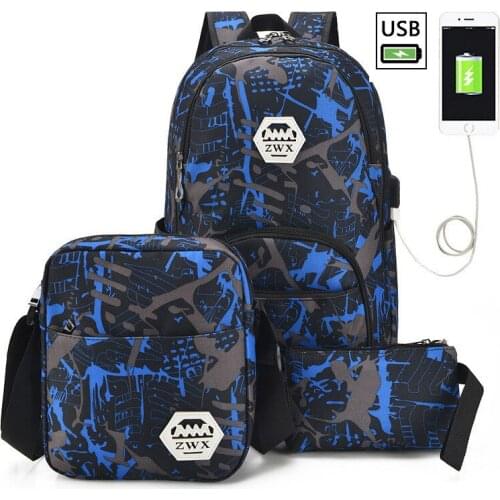 3pcs set boys school bags USB Charging Children waterproof school backpack for book bag student schoolbag kids pen pencil bag
