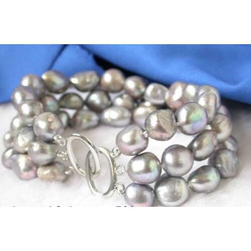 FREE SHIPPING HOT sell new Style >>>> unique 3strands 9-11mm gray baroque pearls bracelet bangle 7.5"ASA