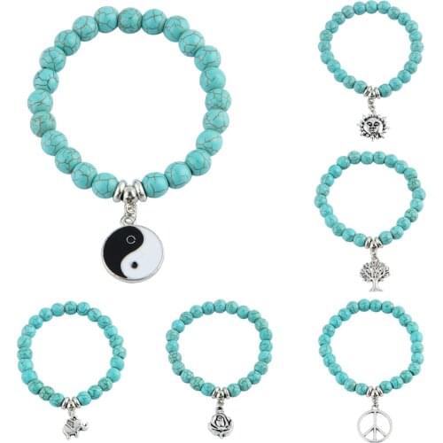 Bespmosp Vintage Blue Bead Bracelet Pendant Yin Yang Angel Wings Heart Dog Tags Footprint Bangle Women Wristband Hand Jewelry