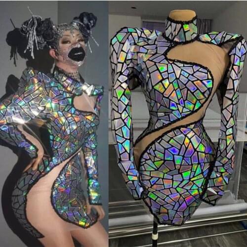 Shining AB Colors Sequins Long Sleeve Dress Evening Party Birthday Wear Nightclub Hollow Out Dance Costume Singer Stage Dresses