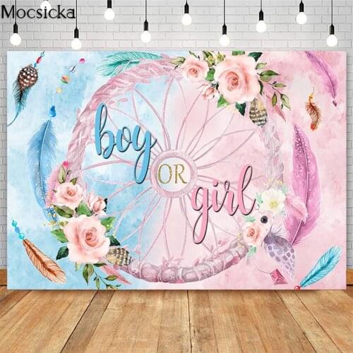 Boho Dreamcatcher Backdrop Boy or Girl Gender Reveal Party Backdrop Pink Blue Feather Flower Baby Shower Party Decoration