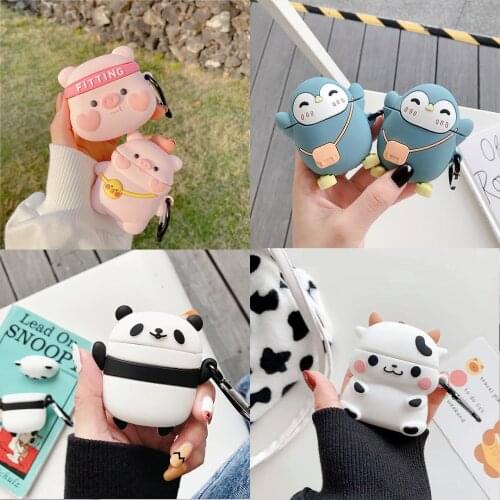 Cartoon 3D Pig Panda Cow Penguin For AirPods 2 Headphone Case Silicone Wireless Bluetooth Earphone Charging Box Cover