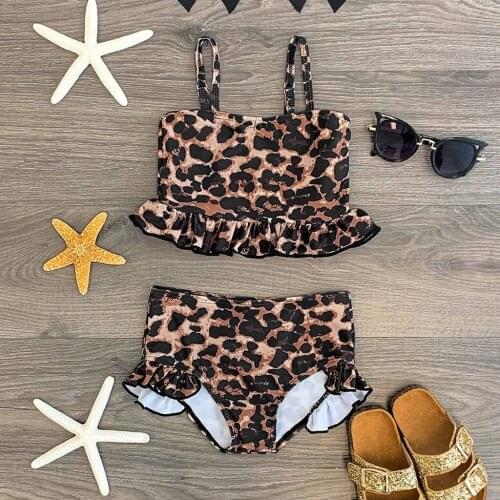 Baby Kids Girls Ruffle Leopard Print Straps Swimsuit Tops Shorts Swimwear Set Swimsuit Swimwear Swimming Children Bathing Suit