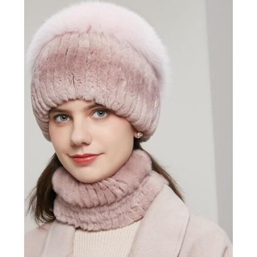 Womens Real Rex Rabbit Fur Hat Winter Rex Rabbit Hairy Peas Striped Top Fox Fur Warm Real Fur Knitted Cap 20HY-12