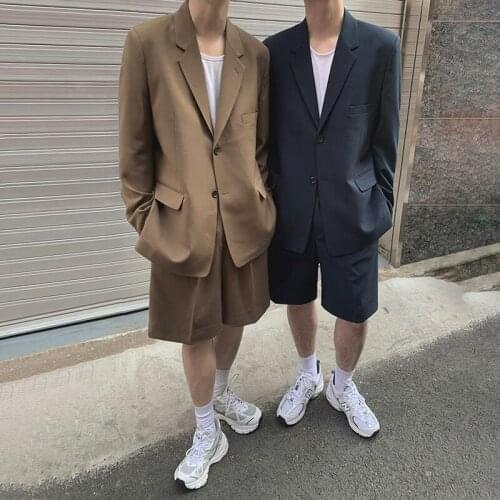 Two Pieces Set Loose Clothing Mens Korean Streetwear Casual Back Elastic Suit Shorts + Long Lseeve Loose Blazers