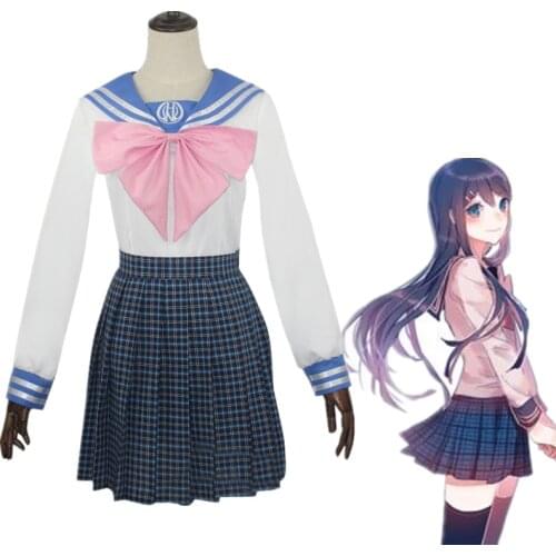 Danganronpa Cosplay Sayaka Maizono Costume Women Shirt Skirt Sail Suit Uniform Anime Dangan Ronpa Wigs Hair Shoes Cos Clothes