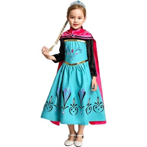 Girls Elsa Princess Dress Up Kids Costume Set with Crown Gloves Wig Snow Queen Children Birthday Halloween Party Cosplay Dress