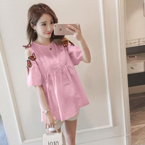 Summer large size maternity dress shoulder butterfly hole maternity shirt fashion loose coat pregnant women shirt top