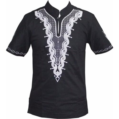 Mr Hunkle Mens Casual T-shirt African Vintage Embroidery Mandarin Collar Shirts Short Sleeve T-shirt For Men
