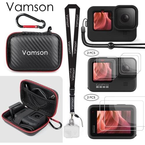 Vamson Accessories Kit for GoPro Hero 9 Black Mini Carrying Case Tempered Glass Screen Protector Sleeve Lanyard for Go Pro 9
