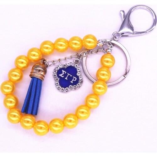 New Arrival Handmade Yellow Pearl Chain Blue Tassel Sorority SGR Club Key Chain Sigma Gamma Key Rings For Bags
