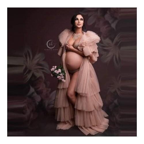 New Designer Tulle Maternity Robes Short Sleeves Plus Size Tiered Long Sexy Extra Puffy Photo Shoot Pregnancy Dressing Gowns