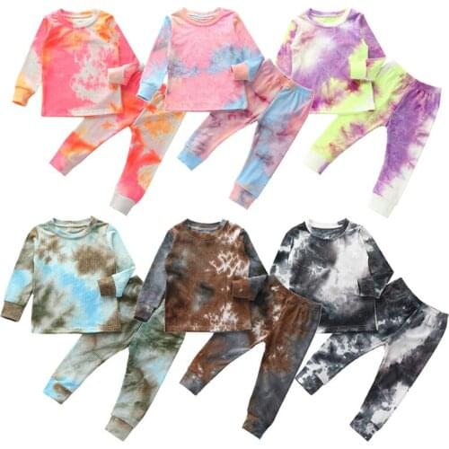 New 1-6Y Girls Tie-Dye Clothes Set Spring Boy Long Sleeve Pullover O-neck Tops Baby T-shirt Autumn Pants Kids 3Pcs Infant Outfit