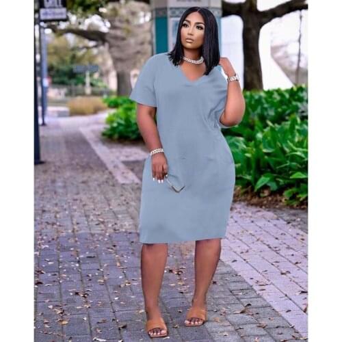 TNNAOFF Plus Size Solid Loose Dress for Women Summer Vacation Outfits Sexy Short Sleeve Deep V Pocket Lounge Wear Midi Dresses