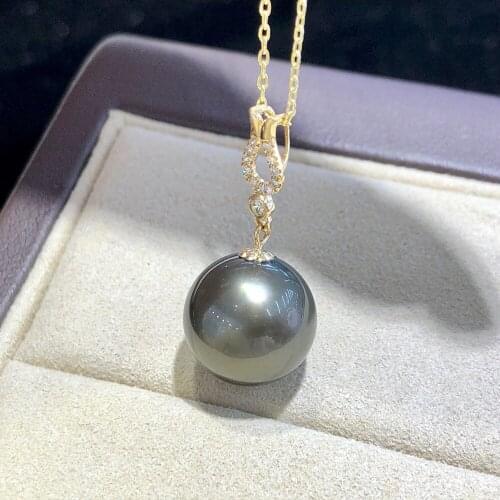 MADALENA SARARA Pure 18K Gold 10-11mm Tahiti Black Saltwater Pearl Flower Pendant Diamond Au750 Gold Chain Women Necklace