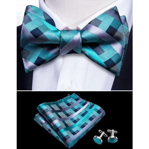Self Bow Ties For Men Silk Butterfly Men Tie Black Blue Plaid Hanky Cufflinks Suit Collar Removable Necktie Barry.Wang LH-1022