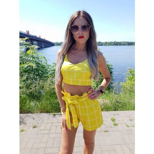 Cute Plaid Two Piece Set Summer Clothes Outfits for Women Matching Sets Crop Top Biker Shorts Set Sweat Suits Ensemble Femme