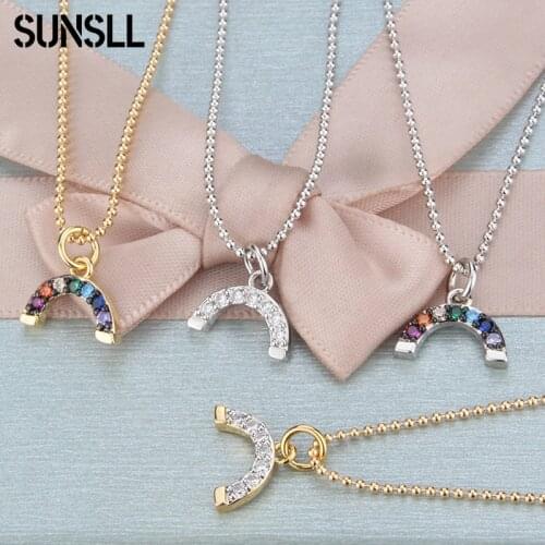 SUNSLL Trendy Rainbow Semicircle Pendant Necklace For Women Girl Gold Silver Color Round beads Chain Fashion Party Jewelry Gift