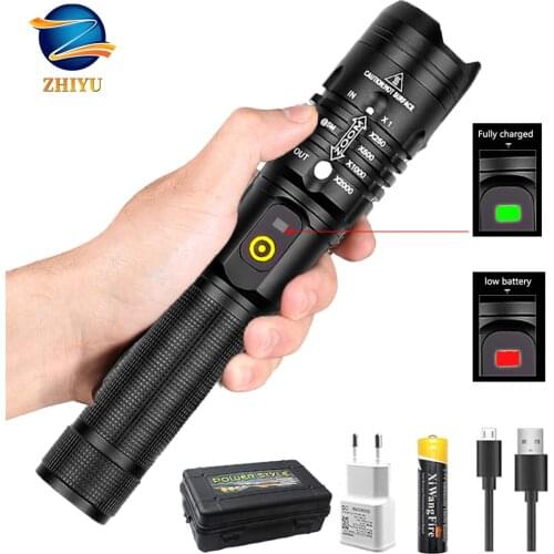 ZHIYU Super Bright LED Flashlight CREE XHP50 Tactical Electric Torch USB Rechargeable Zoomable 5 Modes Torch Waterproof Torch