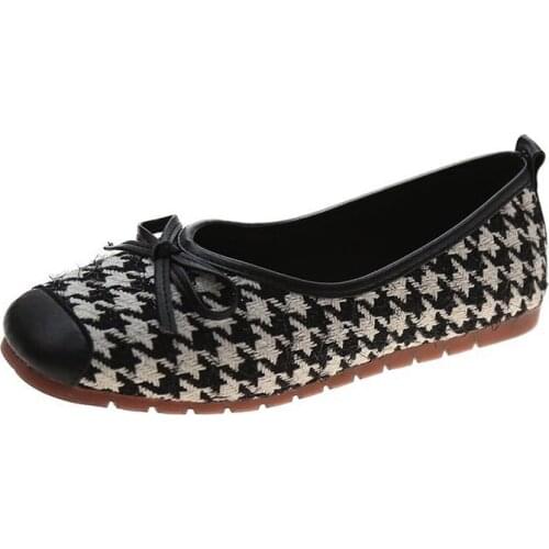Shallow Mouth Single Spring Models One-step All-match Houndstooth Soft-soled Peas Shoes Fashionable Square-toe Womens Shoes