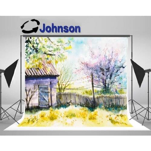 Backyard Spring Watercolors cottage fence tree backdrop High quality Computer print wall photography backgrounds
