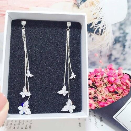 925 Sterling silver earrings for women butterfly tassel Crystals long dangle earring for women wedding earrings jewelry gift