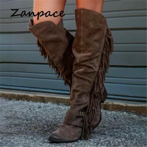 ZANPACE 2020 Winter Retro Women Boots Thick Heel Over The Knee Size 43 Women Shoes with Fringe Slip On Round Toe Wedges Boots