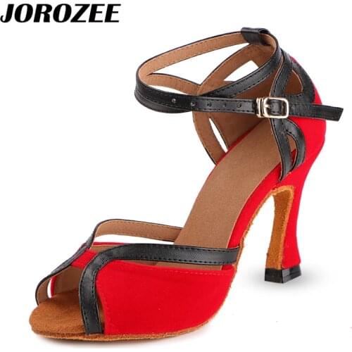 JOROZEE Latin Dance Shoes Womens Big Red Velvet Salsa Party Wedding Ballroom Dancing Shoes High Cuba Heel 9CM Soft Outsole