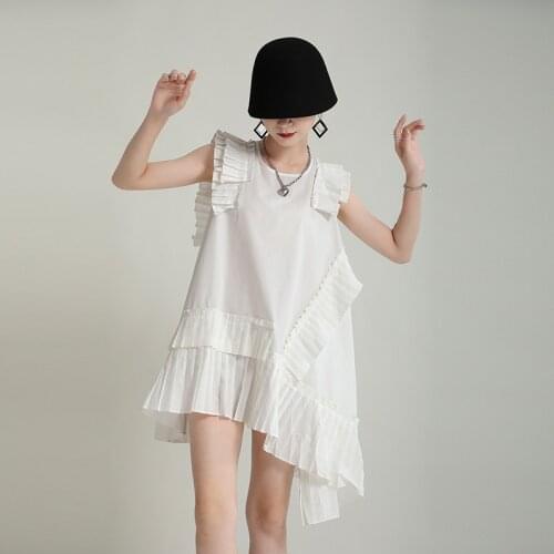 Thin 2021 Irregular Pleated A Line Big Swing Flying Sleeve Ruffled Solid A-LINE Above Knee, Mini Dresses for Women X497