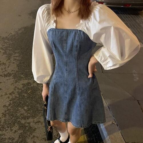 Autumn 2020 new womens denim patchwork A-line dress retro square collar long sleeve dresses for women