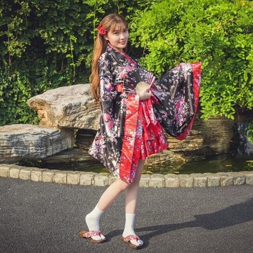 National Women Sakura Print Kimono With Obi Novelty Lolita Dress Japanese Cosplay Costume Maid Kimono Halloween Fancy Dress