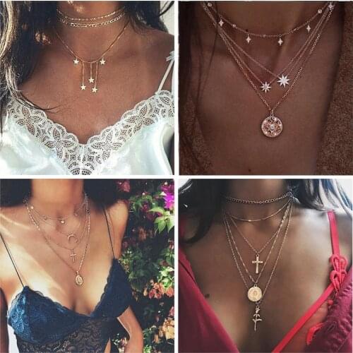 New Fashion Chain Necklace For Women Gold Color Bohemian Stars Beads lock Pendants Choker Necklaces Brincos Female Jewelry Gift