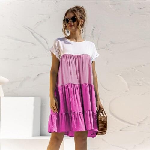 Women Short Sleeve Patchwork Color Loose A-line Dress 2021 New Summer Elegant Casual O-neck Ruffled Pleated Fashion Vestidos