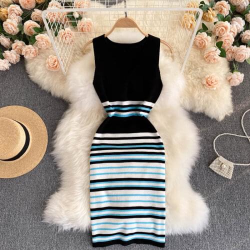 2021 New Summer Women Knitted Dress Multi-color Striped Stretch Bodycon Sexy Dress V-neck Sleeveless Tight Fit Casual Tank Dress