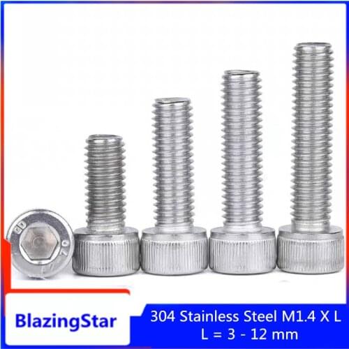 100PCS M1.4 Hexagon Hex Socket Allen Socket Cap Head Screw Metric Thread Bolt Screws 304 A2 Stainless Steel DIN912 L= 3mm - 12mm