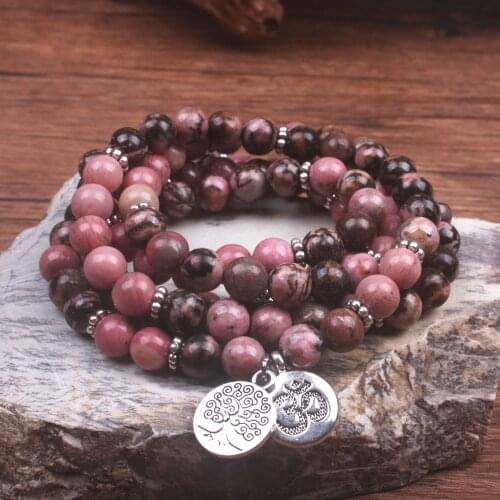8mm Natural Black Vein Rhodonite Bracelet Tree Of Life Ohm Charm Bracelet Stone Beaded Bracelet For Women