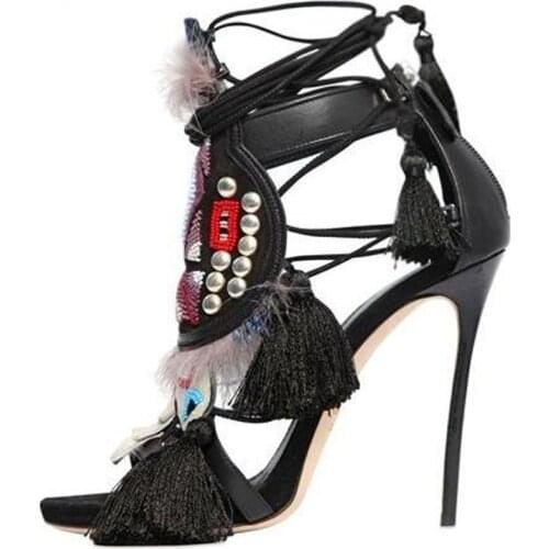 Ethnic Women High Heel Fringe Sandals Fur Tassel Ankle Wrap Lace-up Dress Shoes Sexy Cut-out Mixed Colors Summer Dress Shoes