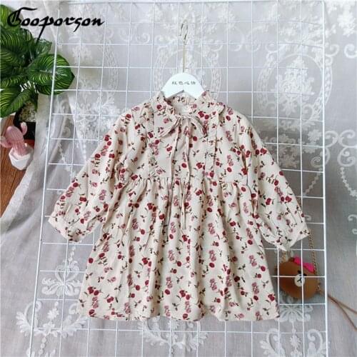 Gooporson Fallr Kids Dresses for Girls Rose Printed Lace Collar Vestidos Long Sleeve Princess Dress Party Costume Girl Clothes