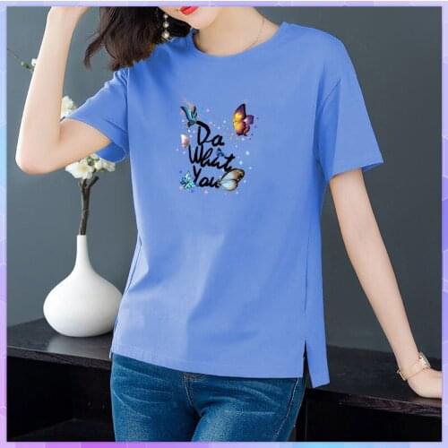 4XL Butterfly Print T-shirt Women Cotton Tee Shirt Summer Floral Short-Sleeved Top Letter Tshirt Plus Size Tops Loose T-shirts