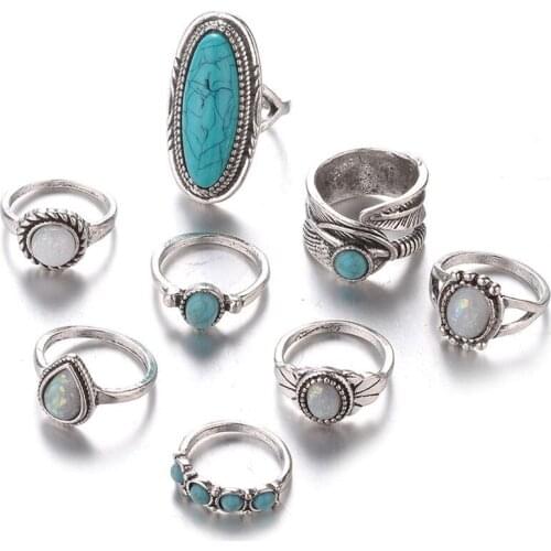 8Pcs/set Turquoise Opal Rings Set Natural Gemstone Ring Fashion Wedding Engagement Jewelry Retro Simple Women Jewelry Accessorie