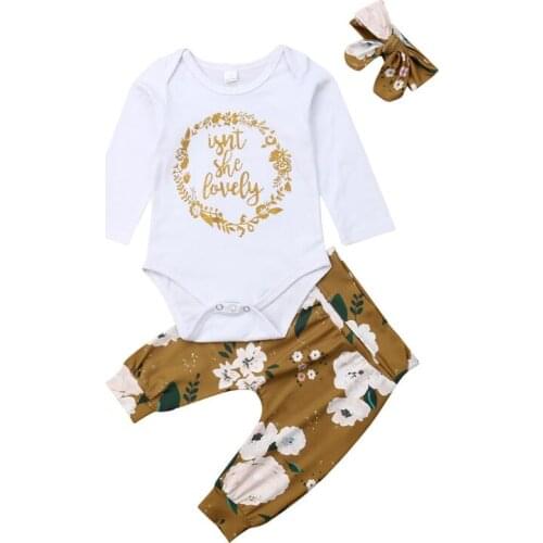 Focusnorm 0-18M 3PCS Newborn Kid Baby Girl Clothes Set Solid Romper Tops Jumpsuit Print Floral Pants Headband Girl Outfits Set