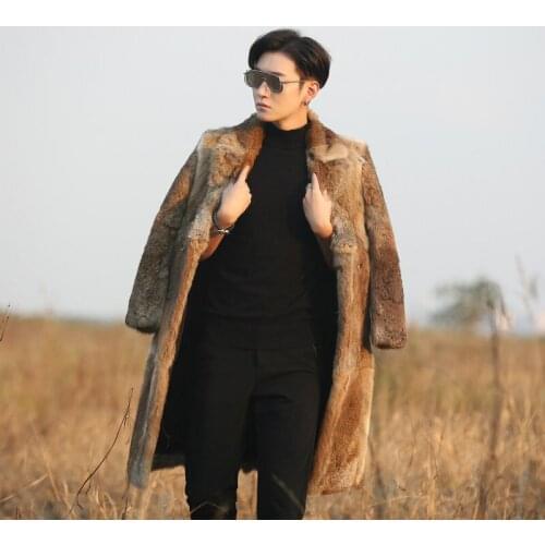 New mens Real genunie natural rabbit fur coat English-collar long fashion jacket warm winter custom any size