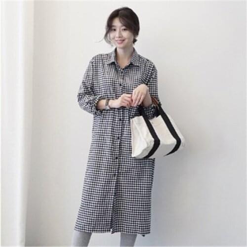 Autumn Plaid Cotton Long Blouse Women 2020 Vintage Singe-breasted New Chic Retro Long Sleeve Romper Plus Size Casual Lady Dress