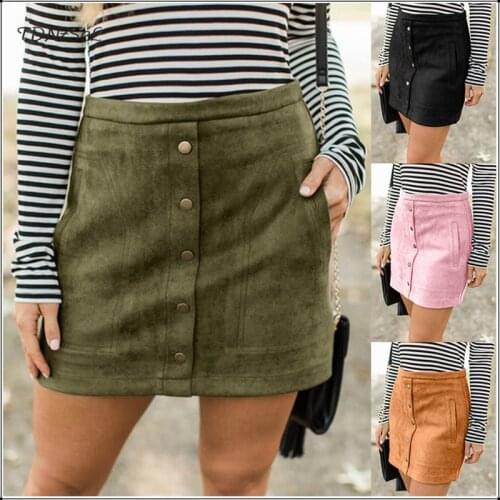 Casual Suede Leather High Waist Short Mini Skirts Straight Slim Button Pockets Zipper Solid Color Hot Skirt Women Autumn Winter